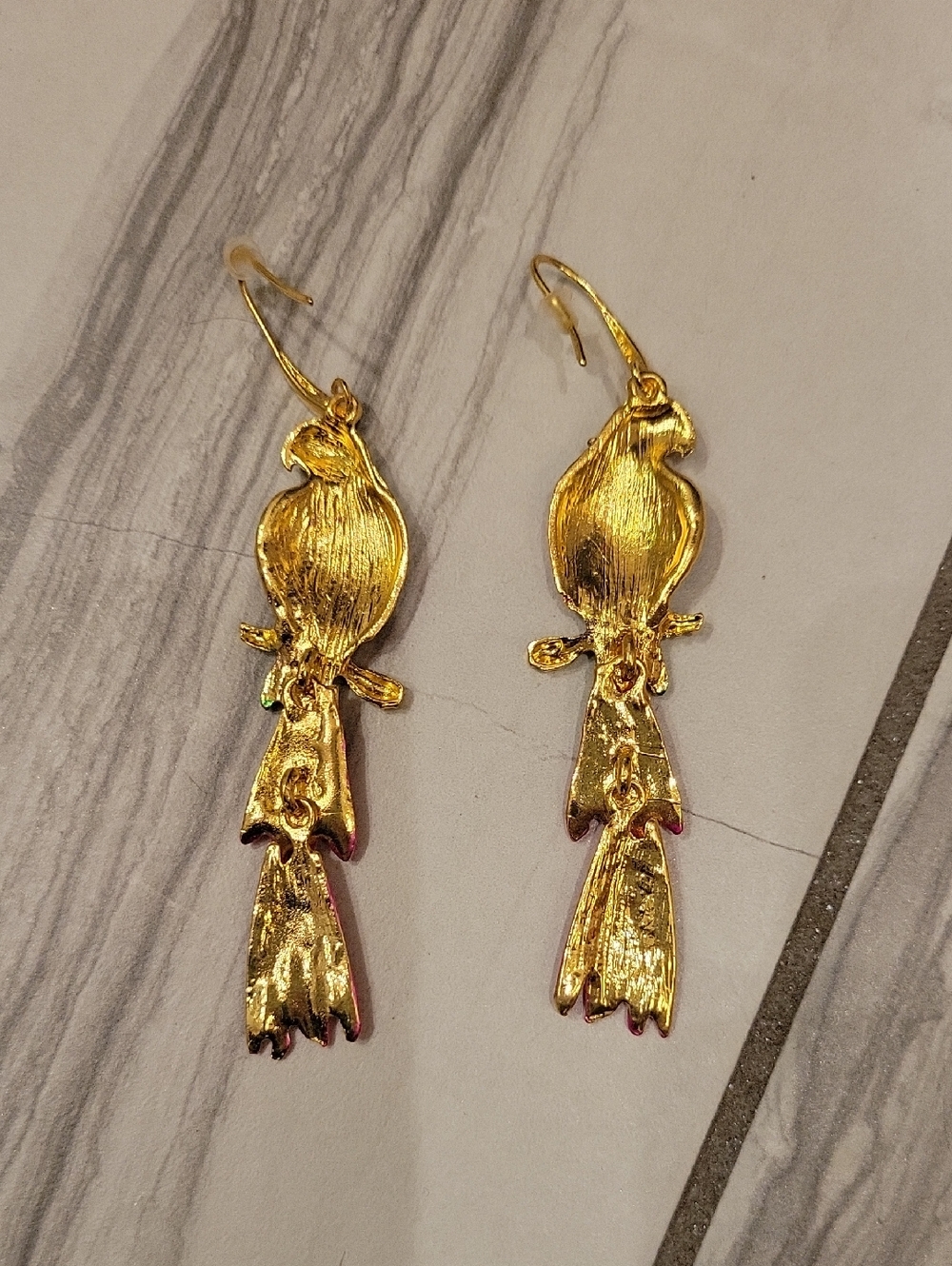 Gold-Tone Multicolor Parrot Drop Earrings - Pink & Green - Picture 3 of 3